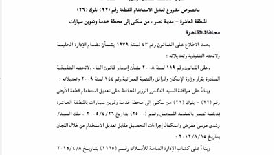 تعديل استخدام قطعة أرض بمدينة نصر من سكني إلى محطة خدمة سيارات