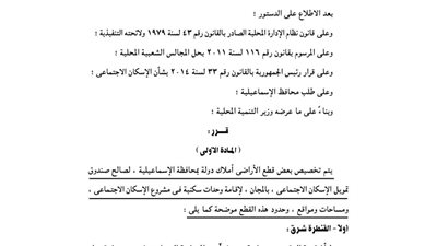 تخصيص أراضٍ بمحافظة الإسماعيلية لصالح صندوق تمويل الإسكان الاجتماعي