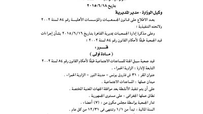 قيد جمعية سبيل الجنة للمساعدات الاجتماعية بالقاهرة