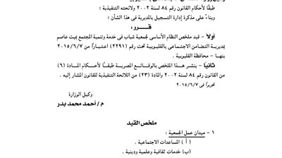 قيد ملخص جمعية شباب في خدمة وتنمية المجتمع بميت عاصم