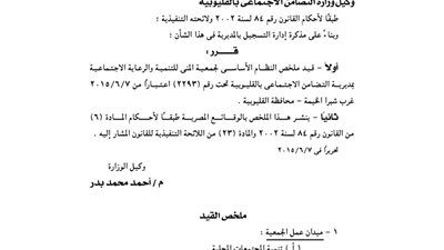 قيد ملخص جمعية المنى للتنمية والرعاية الاجتماعية بالقليوبية