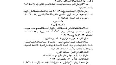 قيد لائحة جمعية التقوى والإيمان لتنمية المجتمع بالفيوم