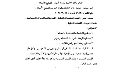 قيد جمعية رعاية العاملين بشركة السويس لتصنيع الأسمدة