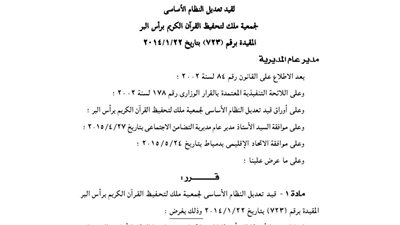 قيد تعديل النظام الأساسى لجمعية ملك لتحفيظ القرآن برأس البر