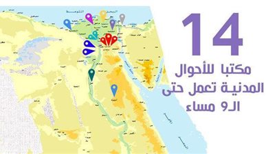 14 مكتبا للأحوال المدنية تعمل حتى الـ9 مساء | إنفو جراف