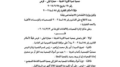 حل وتصفية جمعية تنمية القرية الحديثة بقنا