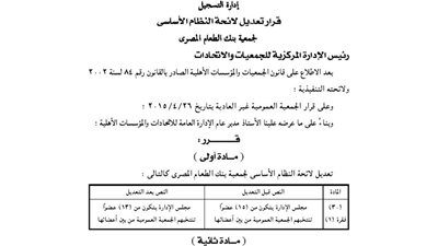 تعديل لائحة النظام الأساسى لجمعية بنك الطعام المصرى