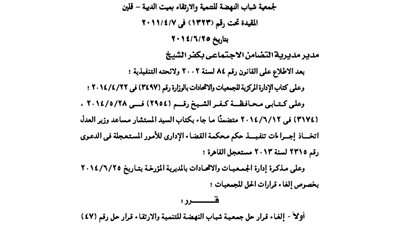 إلغاء قرار حل جمعية شباب النهضة للتنمية بكفر الشيخ