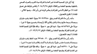 تعديل رأس مال شركة مياه الشرب والصرف الصحي بالدقهلية