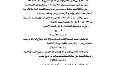 حل وتصفية الجمعية الإنتاجية لأصحاب محال التأجير ببورسعيد