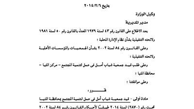 قيد جمعية شباب أمل للتنمية بمحافظة المنيا