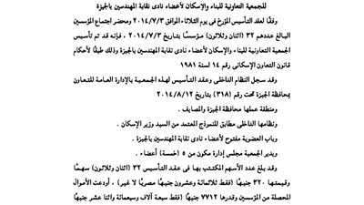 عقد تأسيس جمعية البناء لأعضاء نادي نقابة المهندسين