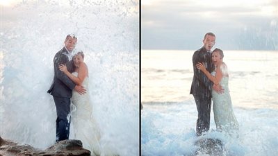 موجة بحر تغطي عروسين أثناء حفل الزفاف