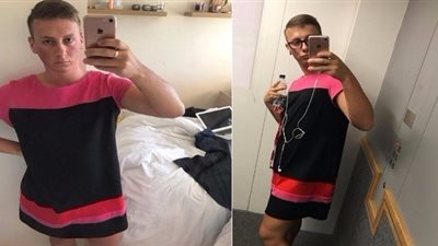 شاهد.. شاب يرتدي فستان والدته ويذهب به إلى العمل