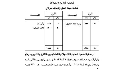 ميزانية تصفية الجمعية الاستهلاكية للعاملين بهيئة الطرق والكبارى بسوهاج