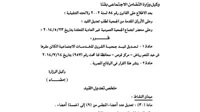 تعديل عدد أعضاء جمعية الشروق للخدمات الاجتماعية
