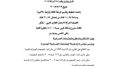 اعتماد تقسيم المرحلة الأخيرة للأراضى المخصصة لشركة «إليكو» بمدينة بدر