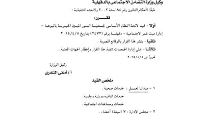 قيد لائحة النظام الأساسى لجمعية النور بالدقهلية