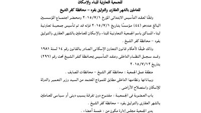 عقد تأسيس الجمعية التعاونية للإسكان بكفر الشيخ