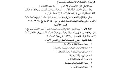 قيد ملخص النظام الأساسى لجمعية بشرة خير للتنمية بسوهاج