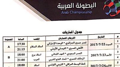 ننشر الجدول الجديد للبطولة العربية للأندية