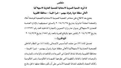 قرارات الجمعية العمومية للجمعية الاستهلاكية لأهالي منطقة عزبة رشوان ببهتيم