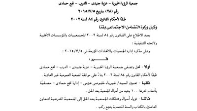 حل وتصفية جمعية الرؤيا الخيرية بعزبة جنيدى