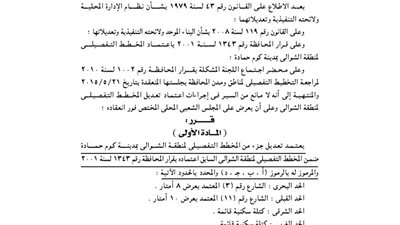 اعتماد تعديل جزء من المخطط التفصيلي لمنطقة الشوالي بكوم حمادة