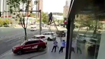 نجاة عامل من حادث مروع بعد سقوطه من فوق «سقالة» (فيديو)