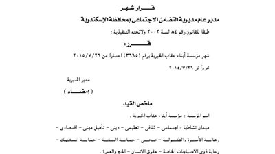 إشهار مؤسسة أبناء عقاب الخيرية بالإسكندرية