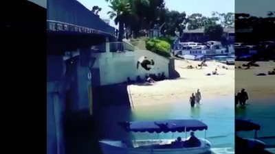 صبي يقفز فوق قارب ويصيب امرأة برأسها (فيديو)