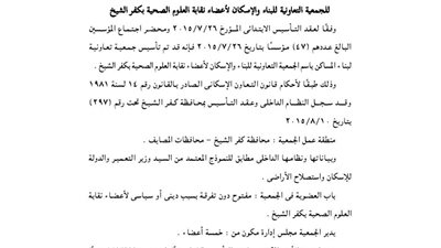 ملخص عقد تأسيس جمعية الإسكان لأعضاء نقابة العلوم الصحية بكفر الشيخ