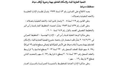 اعتماد مشروع تقسيم أرض لصالح جمعية الإسكان للعاملين بمديرية أوقاف دمياط