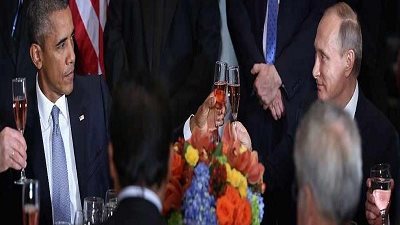 «أوباما» و«بوتين» يتبادلان النخب على مأدبة غداء «كي مون»