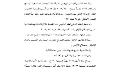 ملخص تأسيس الجمعية التعاونية لأهالي ملوي الجديدة