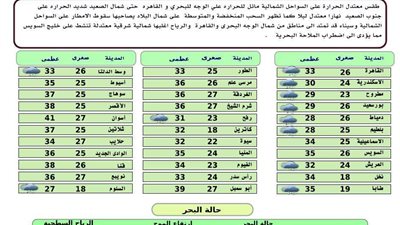 «الأرصاد»: الطقس معتدل الحرارة وتوقعات بسقوط أمطار