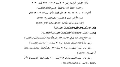 إلعاء اعتماد مخطط تقسيم 621 فدانًا لإقامة مدينة سكنية بالقاهرة الجديدة