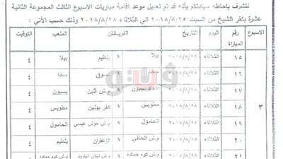 تعديل موعد الجولة المقبلة بمجموعة كفر الشيخ بالقسم الثالث بسبب العيد