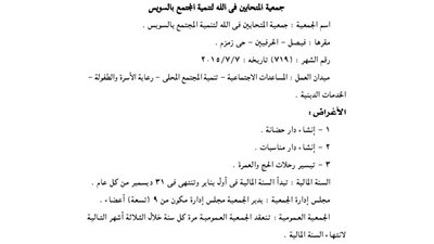 قيد جمعية المتحابين في الله للتنمية بالسويس