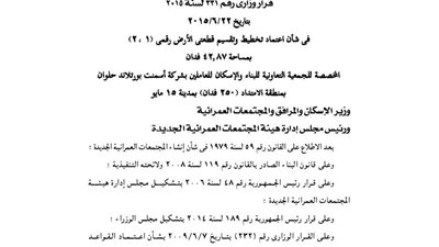 اعتماد تقسيم 42.87 فدانًا لصالح جمعية إسكان العاملين بأسمنت بورتلاند