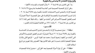 حل جمعية الإرادة والتحدى لذوى الاحتياجات الخاصة