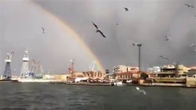 قوس قزح وطيور النورس تزين الممر الملاحي لقناة السويس ببورسعيد | فيديو وصور