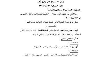 تعديل قيد جمعية الخدمات الإسلامية بشبين الكوم