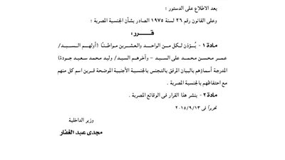 بالأسماء.. الداخلية تأذن لـ21 مصريا بالتجنس بجنسيات أخرى مع المصرية
