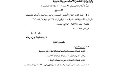 قيد لائحة النظام الأساسى لجمعية رعاية المحامين وأسرهم