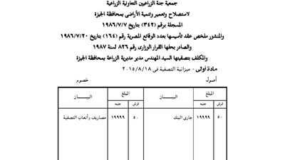 ميزانية تصفية جمعية الزراعيين لاستصلاح الأراضي بالجيزة
