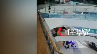 لحظة سقوط امرأة ببركة أسماك معلقة بطريقة مروعة (فيديو)