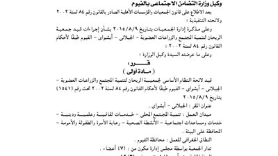 قيد لائحة جمعية الريحان لتنمية المجتمع بأبشواى