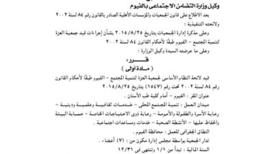 قيد لائحة جمعية العزة لتنمية المجتمع بالفيوم