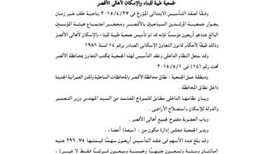 ملخص عقد تأسيس جمعية طيبة للبناء والإسكان بالأقصر